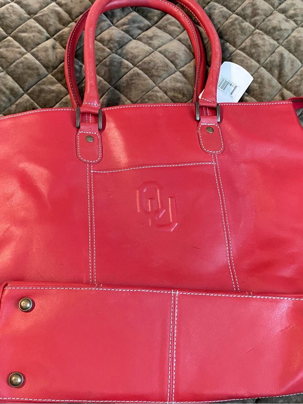 Red Leather Tote Bag with Embossed Logo OU
